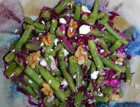 Green Bean Salad with purple cabbage, feta cheese, and walnuts